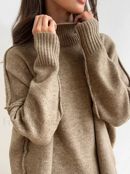 Plain Turtleneck Knit Pants Two Piece Set