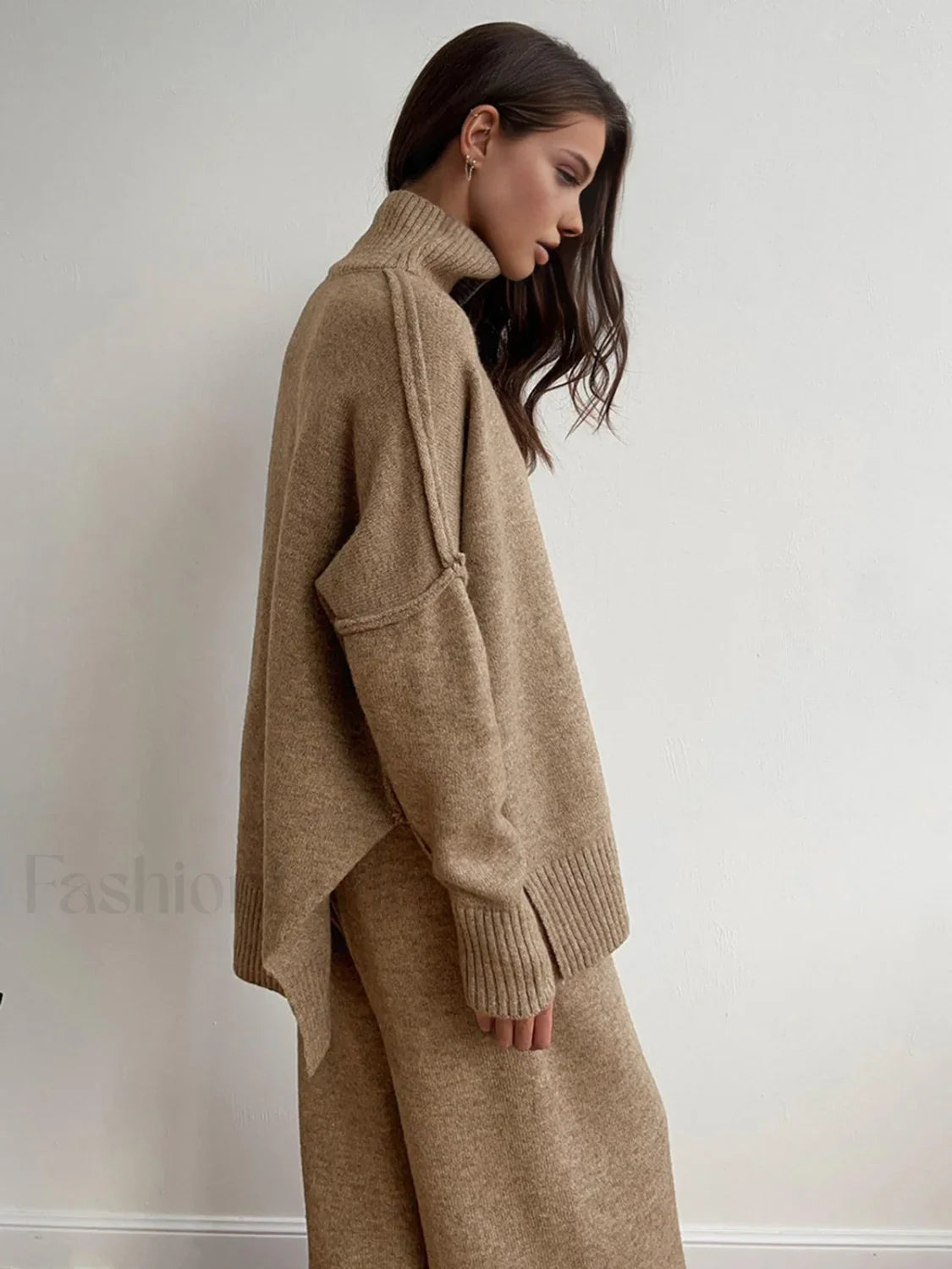 Plain Turtleneck Knit Pants Two Piece Set