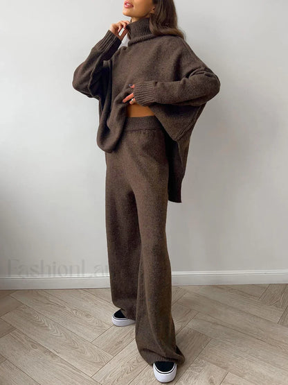Plain Turtleneck Knit Pants Two Piece Set