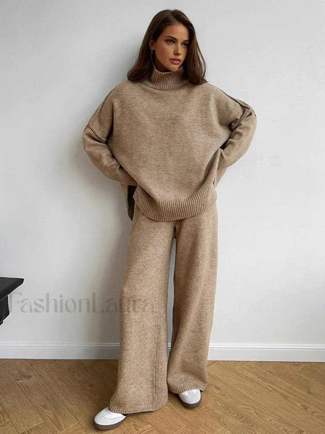 Plain Turtleneck Knit Pants Two Piece Set
