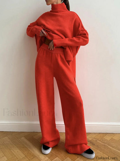 Plain Turtleneck Knit Pants Two Piece Set