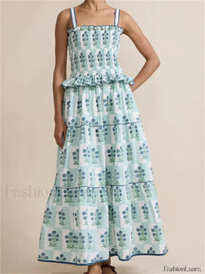 Pleated Floral Ruffle Strap Maxi Dress
