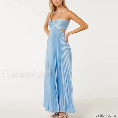 Pleated High Waist Halter Maxi Dress