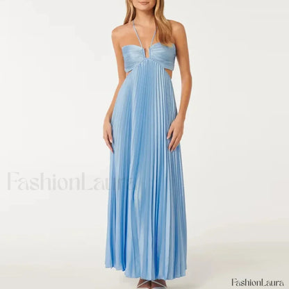 Pleated High Waist Halter Maxi Dress