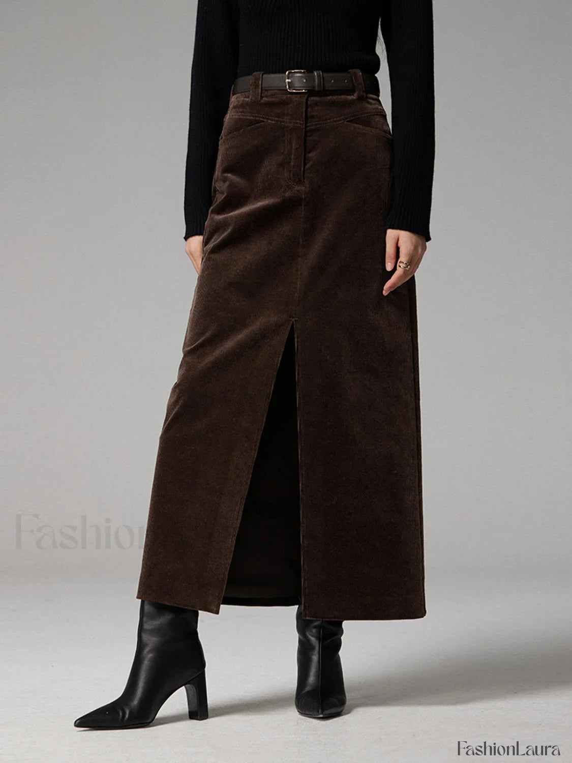 Pockets Corduroy Slit Maxi Skirt