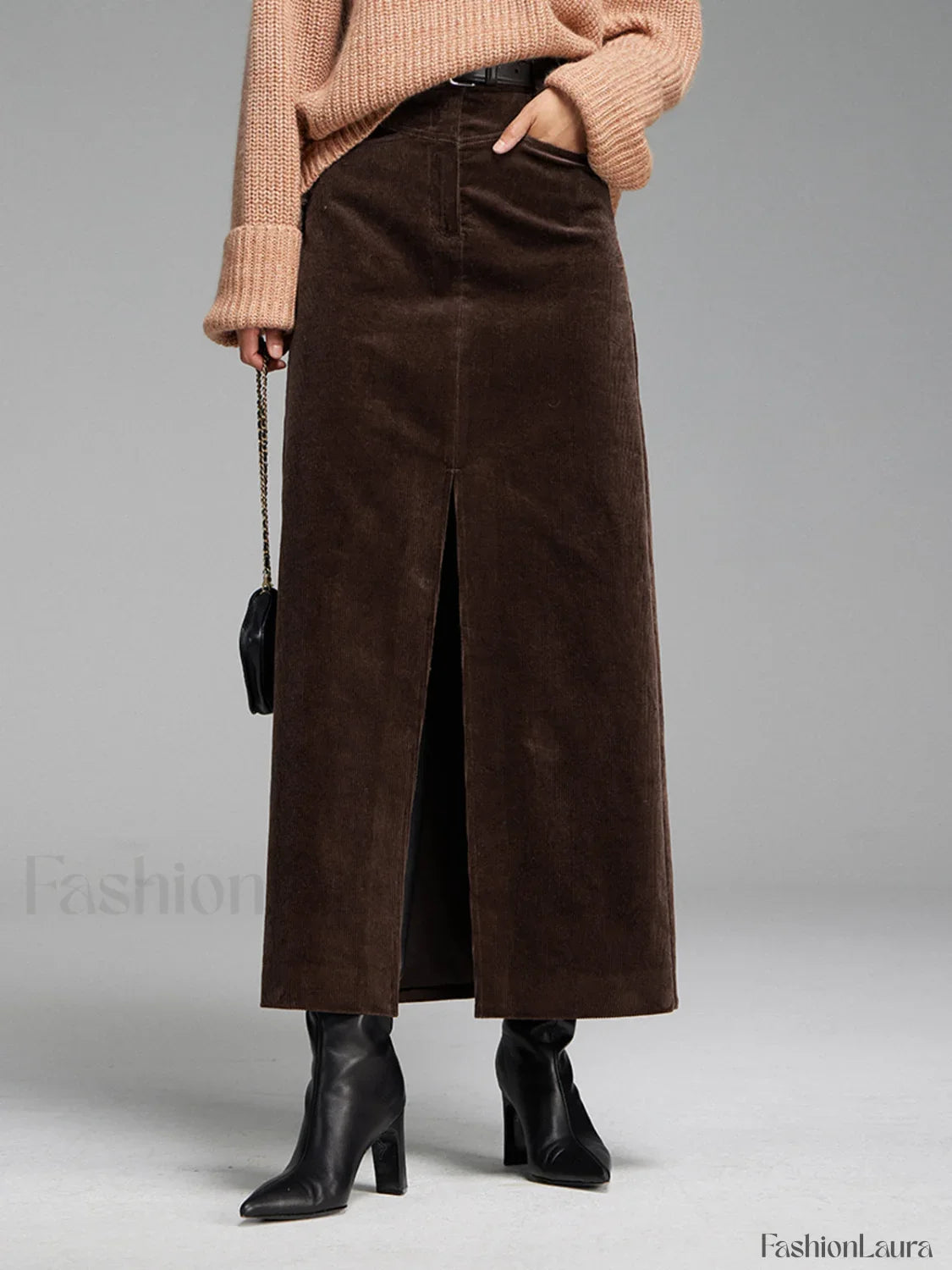 Pockets Corduroy Slit Maxi Skirt