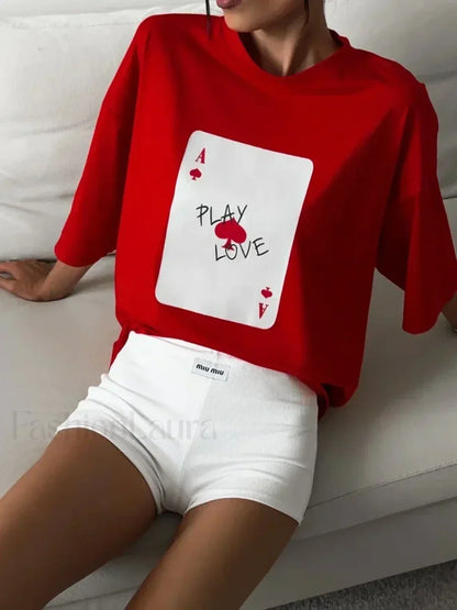 Poker Card Printed Loose Cotton T-Shirt