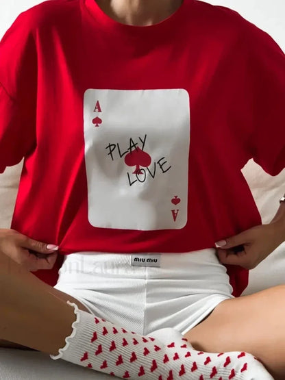 Poker Card Printed Loose Cotton T-Shirt
