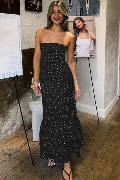 Polka Dot Off Shoulder Strapless Maxi Dress