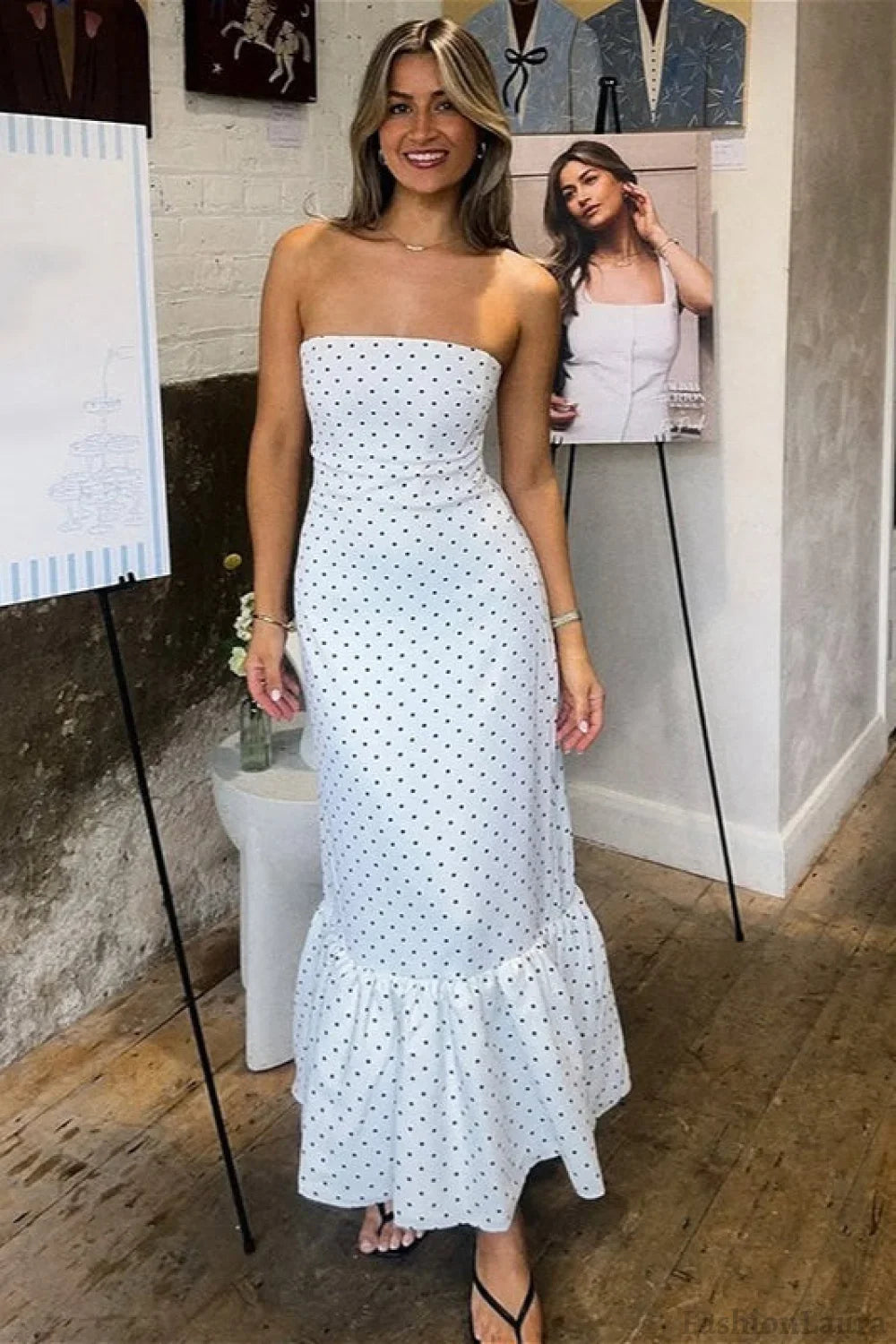 Polka Dot Off Shoulder Strapless Maxi Dress