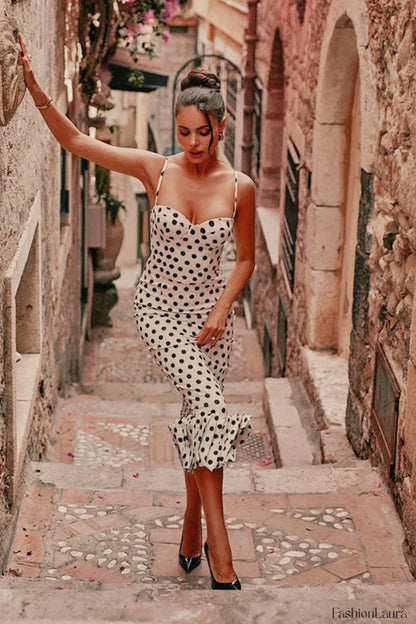 Polka Dot Pleated Slim Waist Strappy Maxi Dress