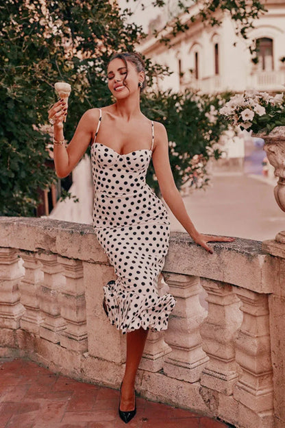Polka Dot Pleated Slim Waist Strappy Maxi Dress