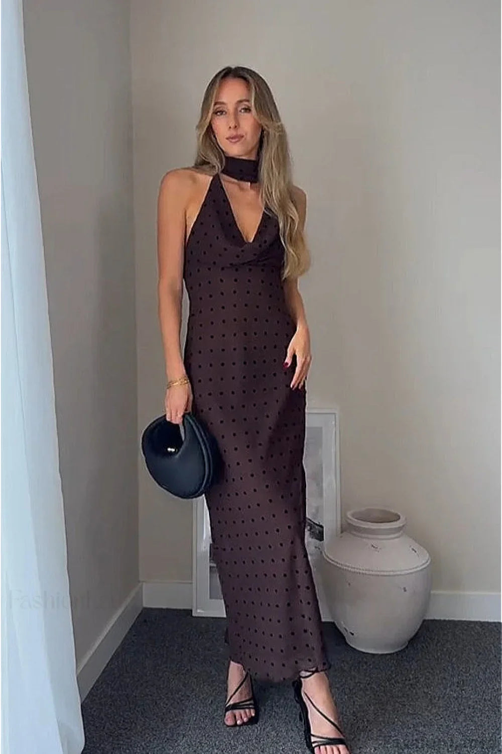 Polka Dot Scarf Neck Halter Maxi Dress
