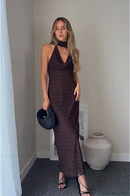 Polka Dot Scarf Neck Halter Maxi Dress