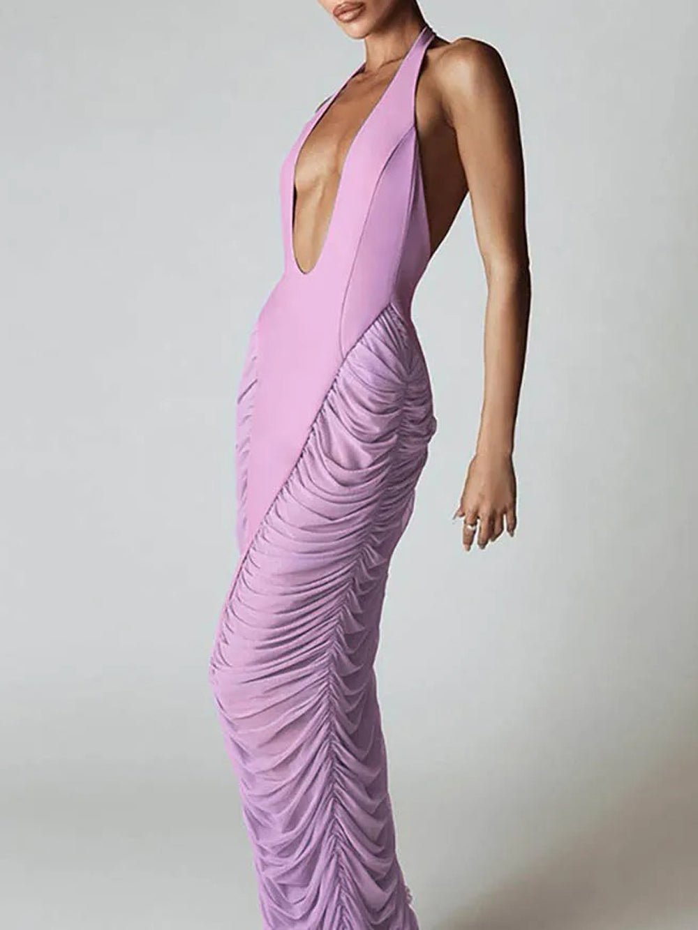 Purple Mesh Halter Neck Deep Plunge Ruched Side Gather Column Maxi Dress