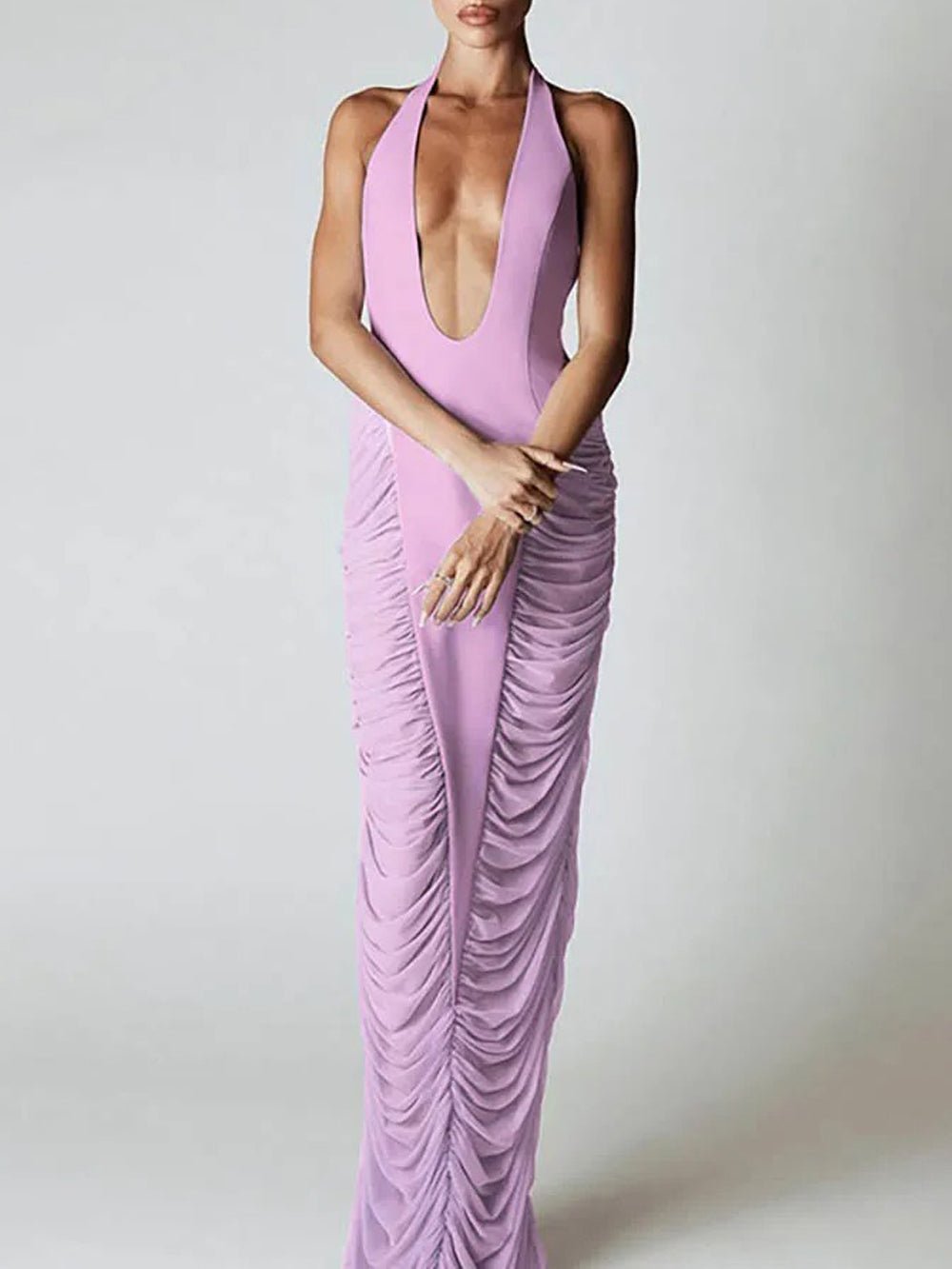 Purple Mesh Halter Neck Deep Plunge Ruched Side Gather Column Maxi Dress