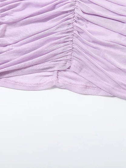 Purple Mesh Halter Neck Deep Plunge Ruched Side Gather Column Maxi Dress