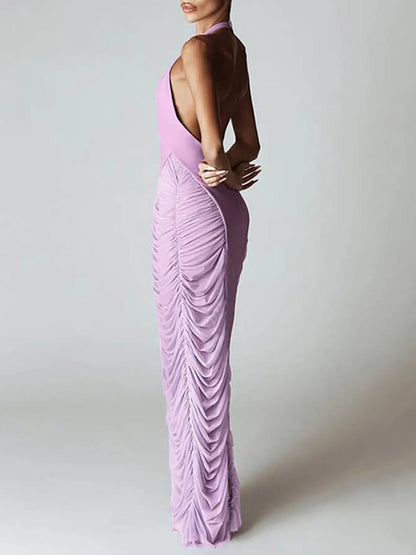 Purple Mesh Halter Neck Deep Plunge Ruched Side Gather Column Maxi Dress