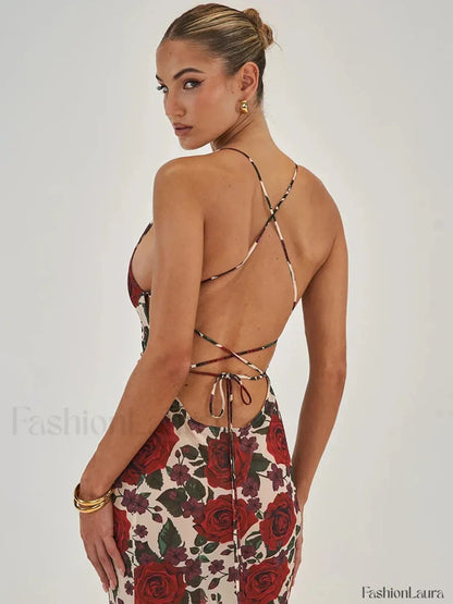 Printed Lace Up Maxi Dress