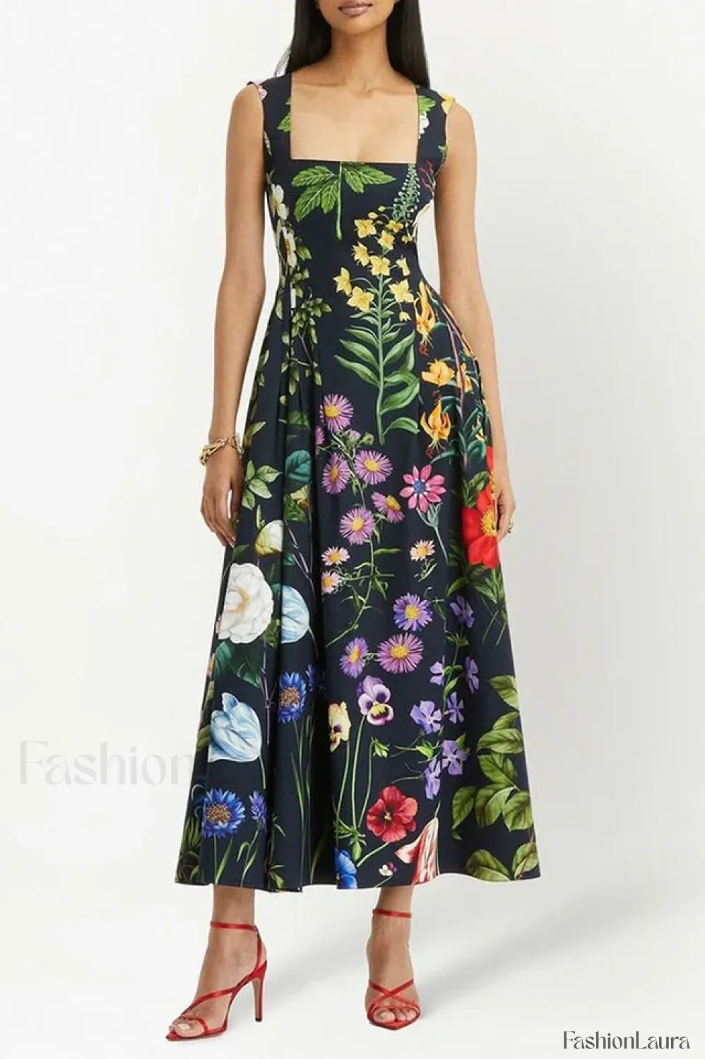Printed Tie-Back Stylish Cotton-Blend Midi Dress