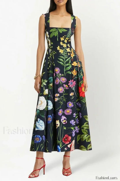 Printed Tie-Back Stylish Cotton-Blend Midi Dress