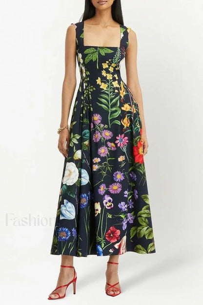 Printed Tie-Back Stylish Cotton-Blend Midi Dress