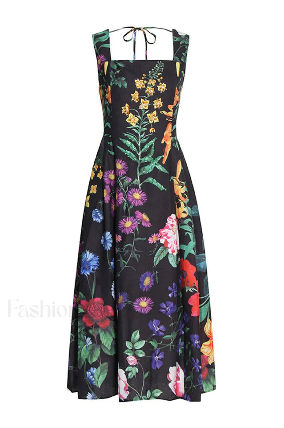 Printed Tie-Back Stylish Cotton-Blend Midi Dress