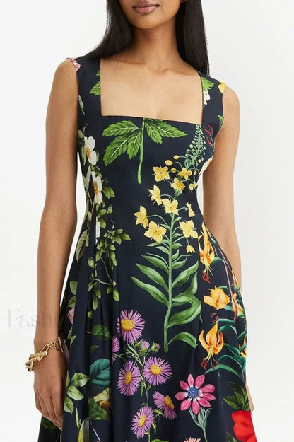 Printed Tie-Back Stylish Cotton-Blend Midi Dress