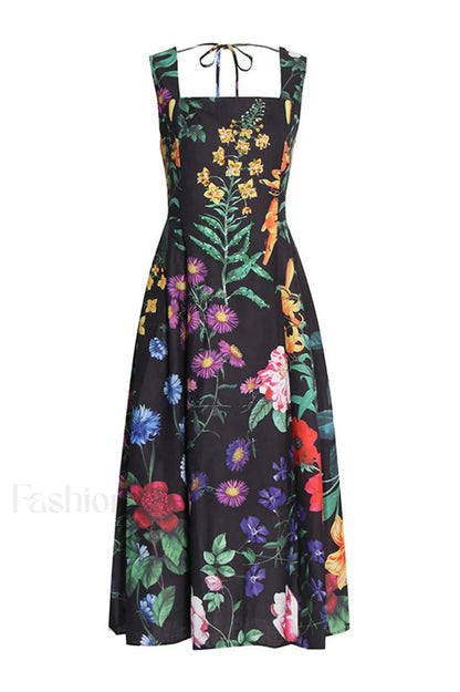 Printed Tie-Back Stylish Cotton-Blend Midi Dress