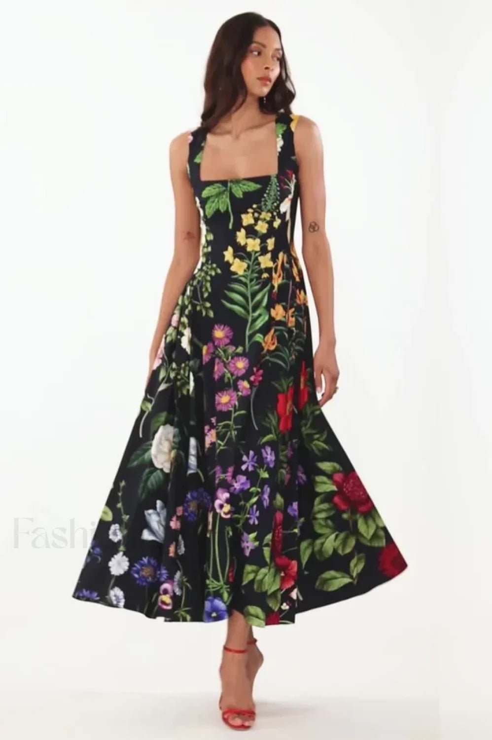 Printed Tie-Back Stylish Cotton-Blend Midi Dress