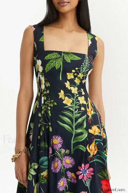Printed Tie-Back Stylish Cotton-Blend Midi Dress