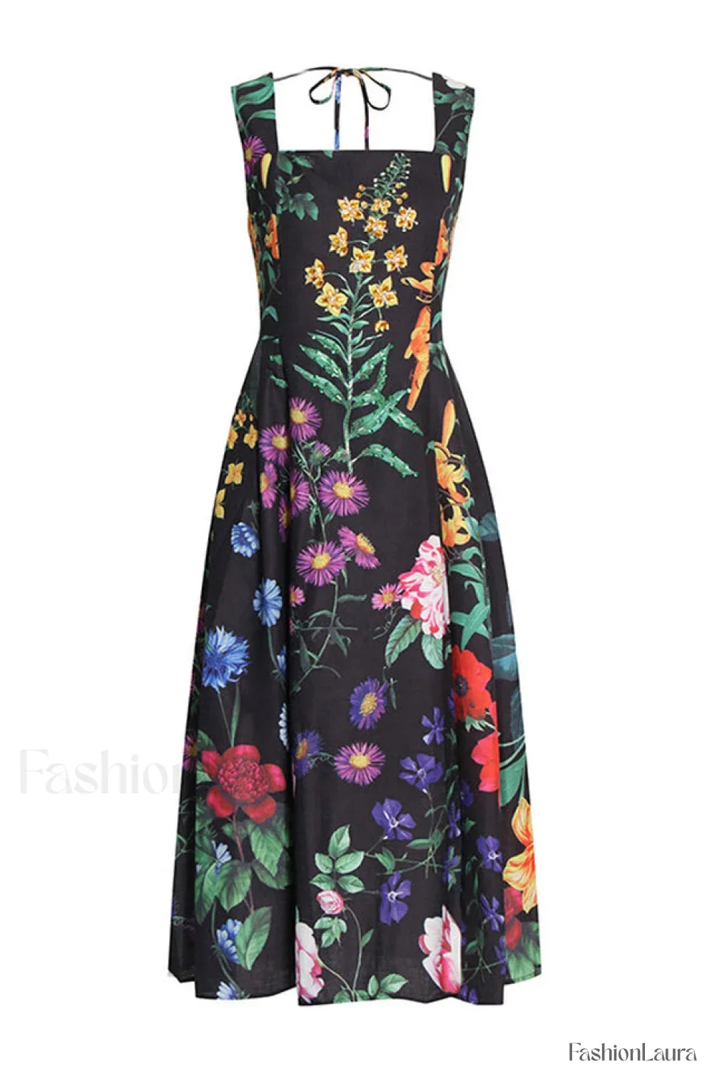 Printed Tie-Back Stylish Cotton-Blend Midi Dress