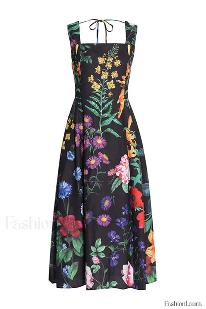 Printed Tie-Back Stylish Cotton-Blend Midi Dress