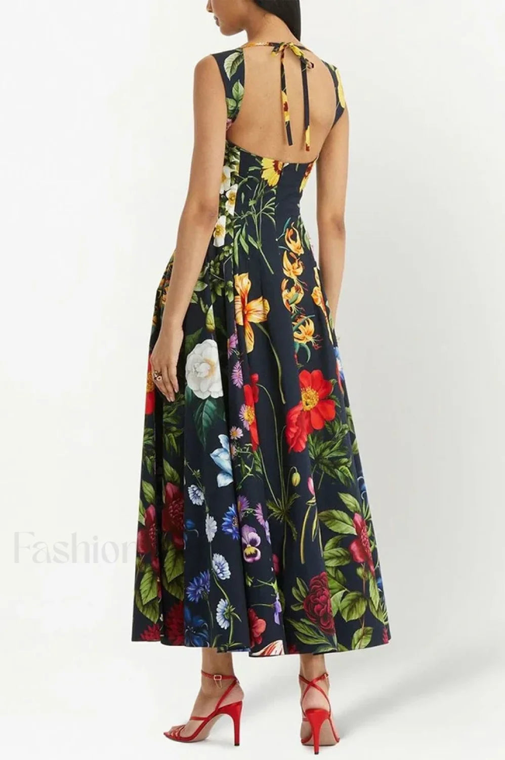 Printed Tie-Back Stylish Cotton-Blend Midi Dress