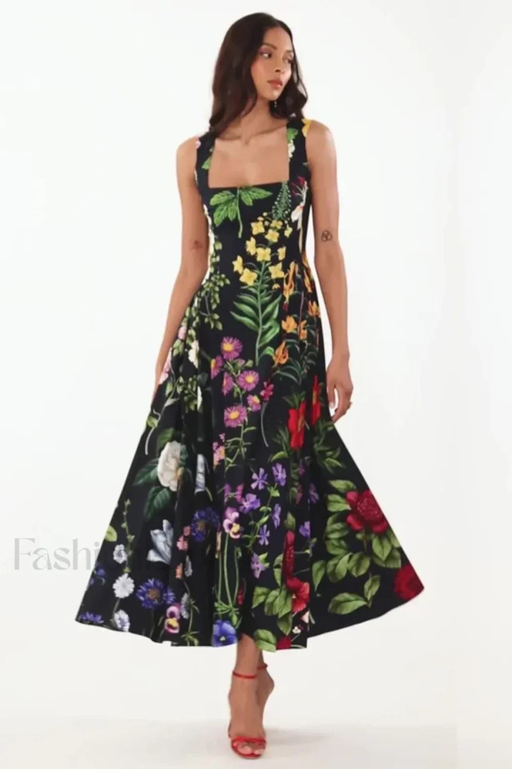 Printed Tie-Back Stylish Cotton-Blend Midi Dress