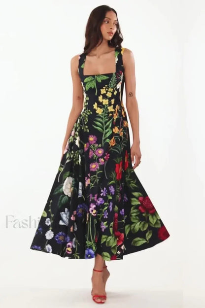 Printed Tie-Back Stylish Cotton-Blend Midi Dress