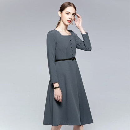 Square Neck Button Front Puff Sleeve Fit and Flare Midi Dress