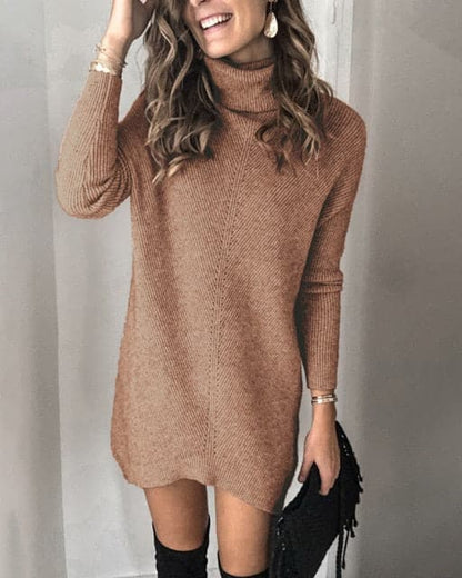 Ribbed Knit Turtleneck Long Sleeve Oversized Mini Sweater Dress