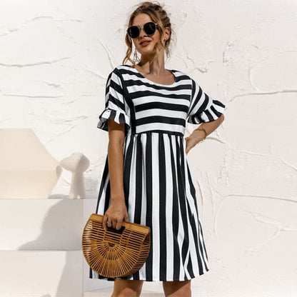 Striped Ruffle Sleeve Empire Waist Pocket Mini Dress