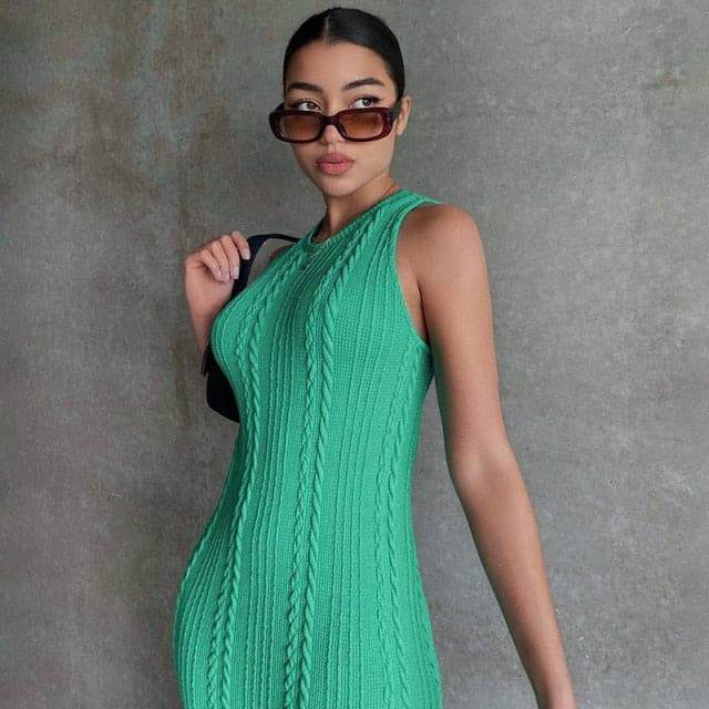Cable Knit Sleeveless Crew Neck Braid Texture Bodycon Midi Dress