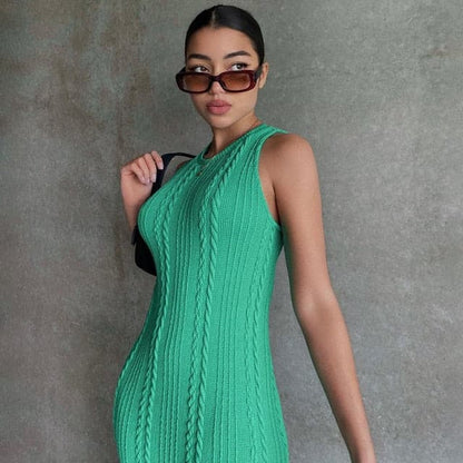 Cable Knit Sleeveless Crew Neck Braid Texture Bodycon Midi Dress