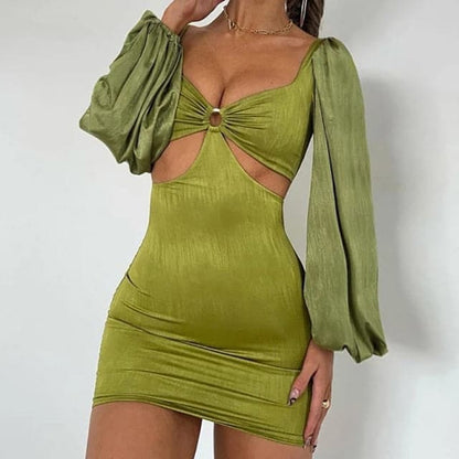 Sweetheart Twist Front Ruched Bell Sleeve Bodycon Mini Dress