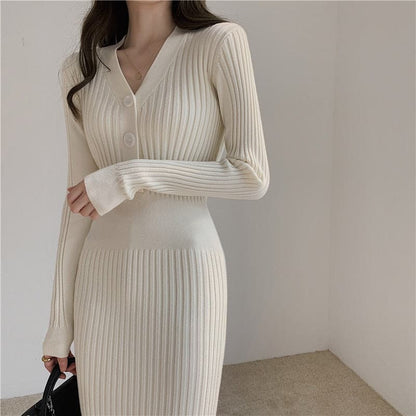 Ribbed Knit Button Front Cardigan Style Bodycon Midi Sweater Dress