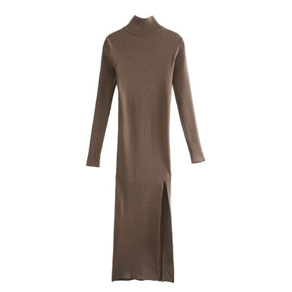 Ribbed Knit Turtleneck Long Sleeve High Slit Bodycon Midi Sweater Dress