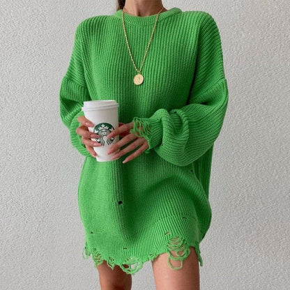 Oversized Distressed Ribbed Knit Drop Shoulder Sweater Dress