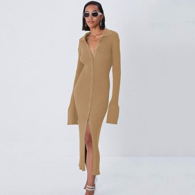 Rib Knit Square Neck Long Sleeve Bodycon Maxi Dress