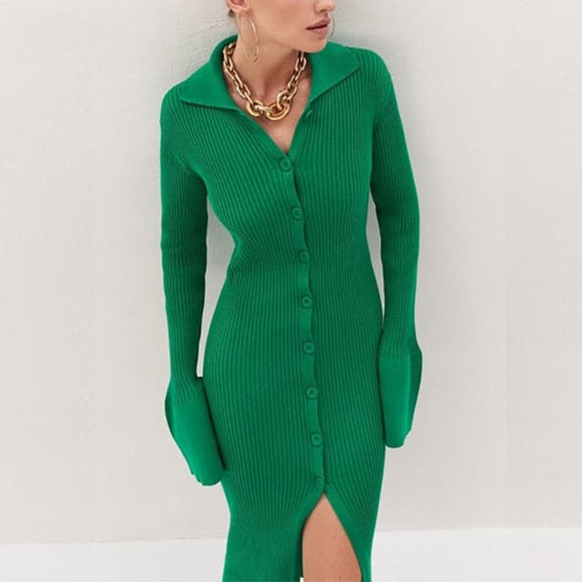 Ribbed Knit Polo Collar Button Front Bell Cuff Front Slit Midi Dress