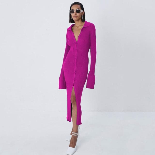 Ribbed Knit Polo Collar Button Front Bell Cuff Front Slit Midi Dress