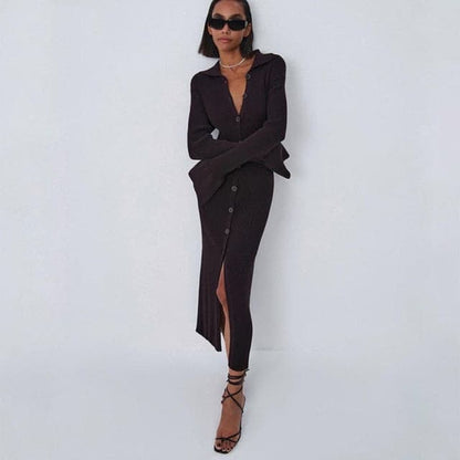 Ribbed Knit Polo Collar Button Front Bell Cuff Front Slit Midi Dress