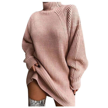 Ribbed Knit Turtleneck Lantern Sleeve Oversized Sweater Mini Dress